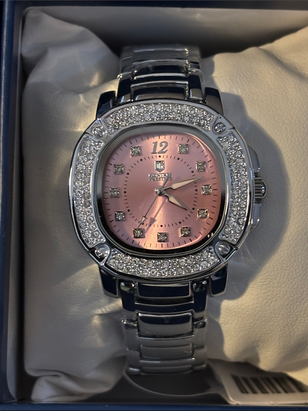 Montres Prestige Silver Bracelet Watch with Pink Dial and Crystal Accents